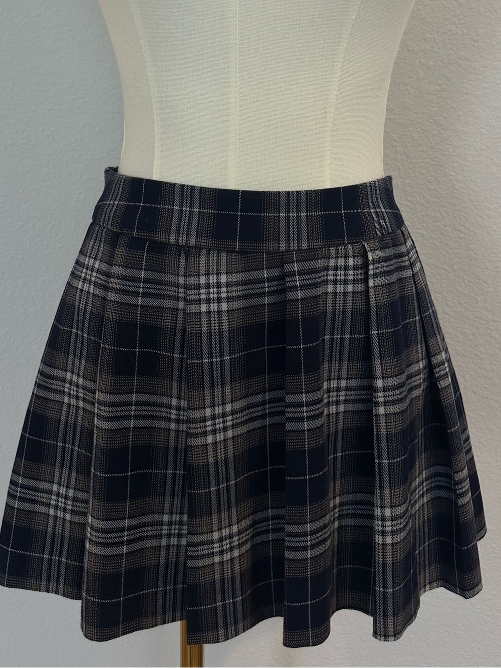 Garage Navy Taupe White Plaid Pleated Mini Skater Skirt Y2K size M